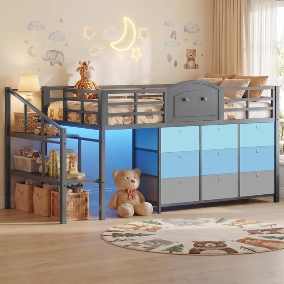 Twin Size Low Loft Bed with 9 Storage Drawers and LED Lights, Metal Loft Bed with Under-Bed Hideaway, Gray