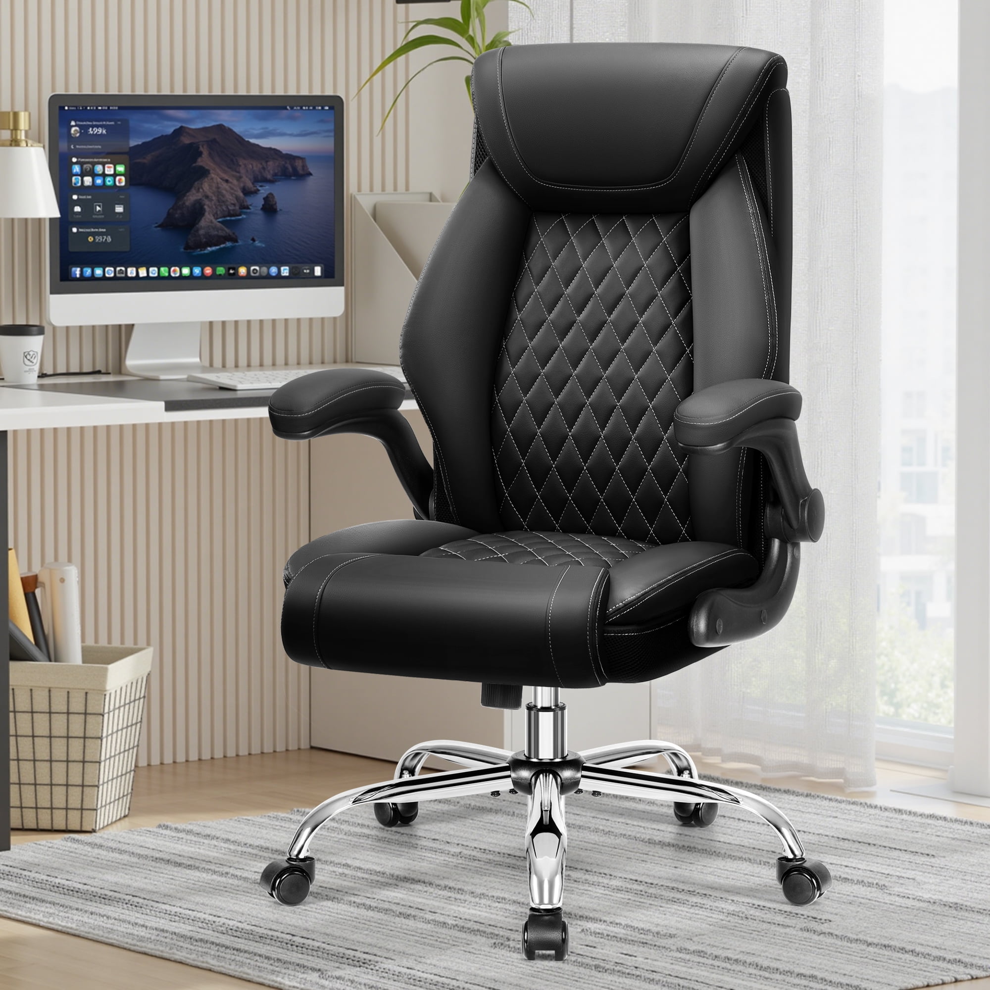 FASTES Ergonomic Office Chair, Desk Chair with High Back Flip-up Armrests Big and Tall Gaming Leather Chair with Rocking Function 2 Reclining Position,Black