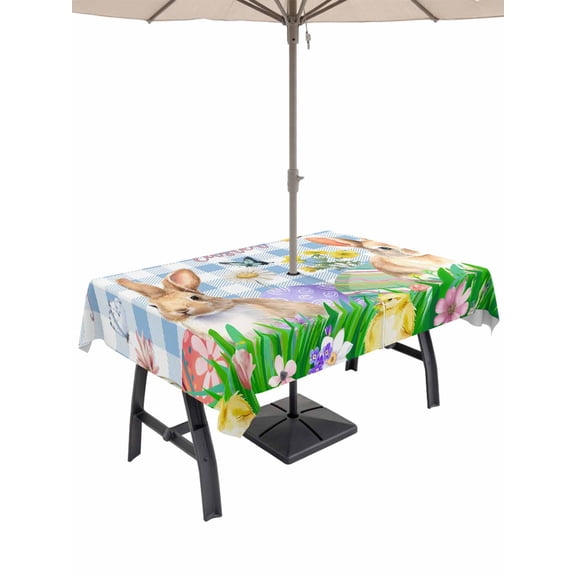 Outdoor Tablecloth with Umbrella Hole and Zipper, Easter Bunny Rectangle Table Cloth 60x120 Inch Waterproof Tablecloth, Spring Easter Eggs Floral Blue Plaid Picnic Table Cover for Patio Camping