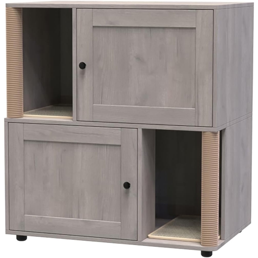 Shininglove Double Cat Litter Box Enclosure Furniture - Hidden 2-Litter Box Cabinet with Scratching Posts, Wooden End Table Design for Indoor Cats (Fits Most 22"x18" Boxes)