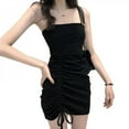 thumbnail image 2 of Women Sexy Slash Neck Spaghetti Strap Dress Women Ruched Drawstring Bodycon Fashion Solid Color Mini Dresses Gray, 2 of 3
