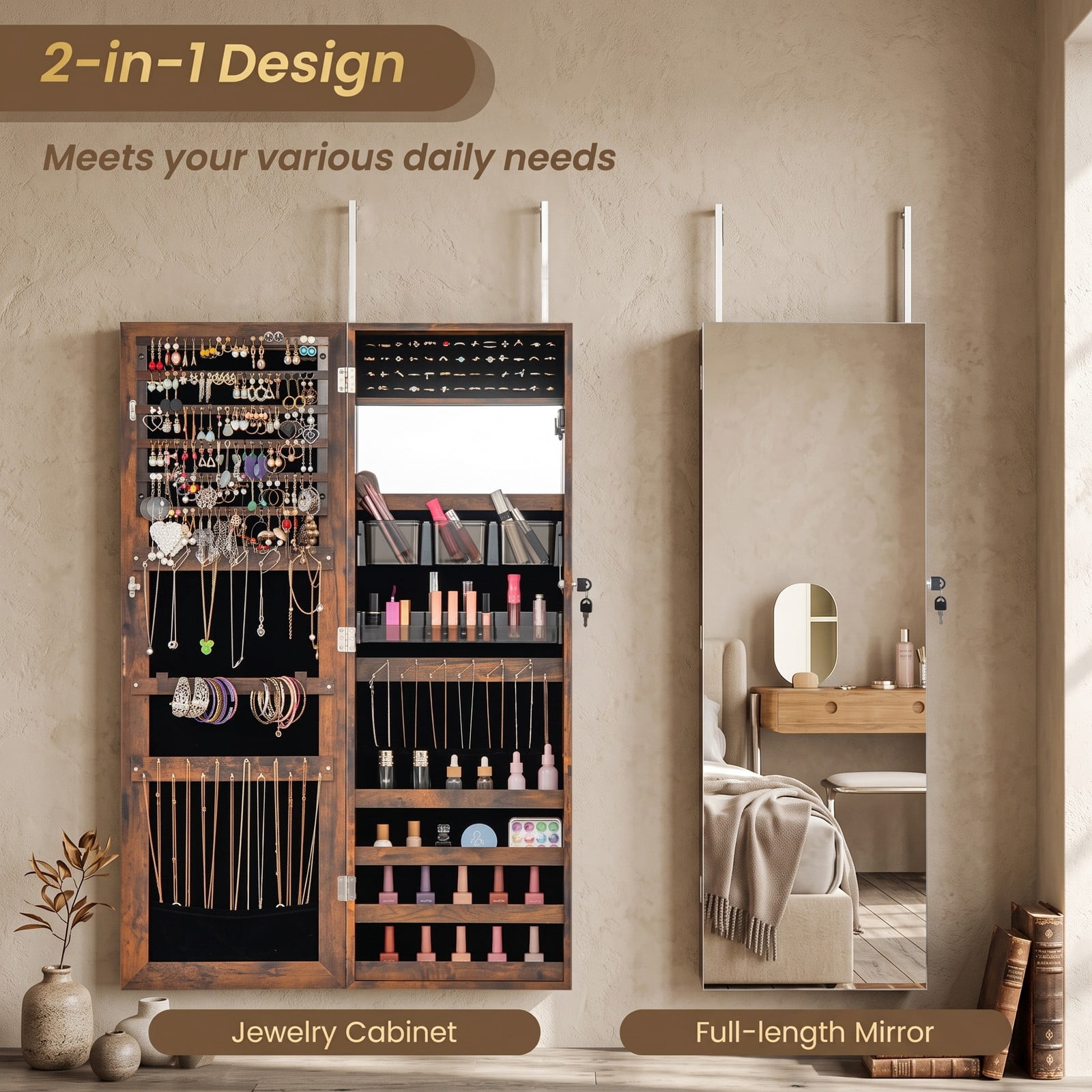 Furnibear 43.5 Inch Jewelry Armoire Cabinet with Full Length Mirror and Adjustable Hangers for Bedroom and Entryway, Rustic Brown