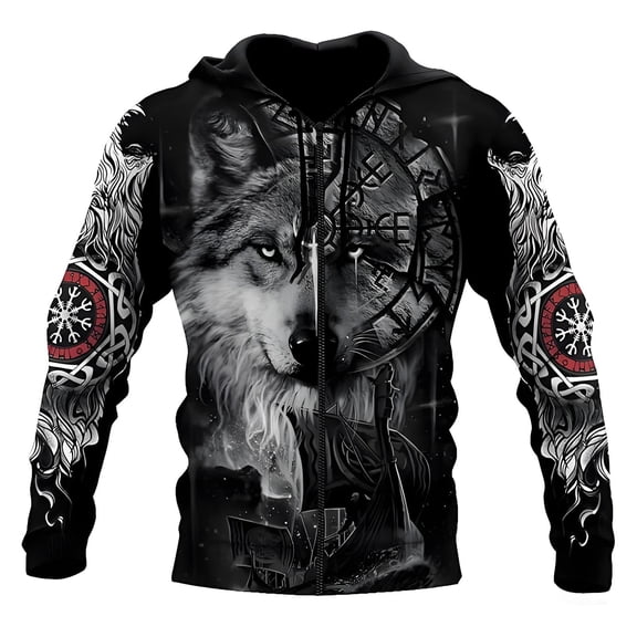 IWRICH Full Zip Hoodie for Men 3D Printed Norse Mythology Long Sleeve Sweatshirts Comfy Lightweight Hooded Jackets 05-Black XL