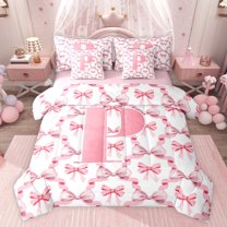 Castle Fairy Female Men Cartoon Bow Knot Letter Monogrammed P Twin Bedding Sets 7-Piece,Cute Bow-Tie Plaid Grid Bedding Comforter Set Microfiber,Dreamy Princess Breathable Sheet Sets