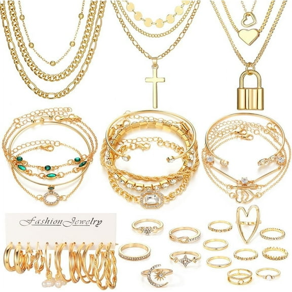 50 PCS Golden Jewelry Set for Women, Dainty Dangle Earrings, Stackable Ring, Multi-Layered Bracelet Necklace Valentine Anniversary Fashion Party Jewelry Pack Gift for Her