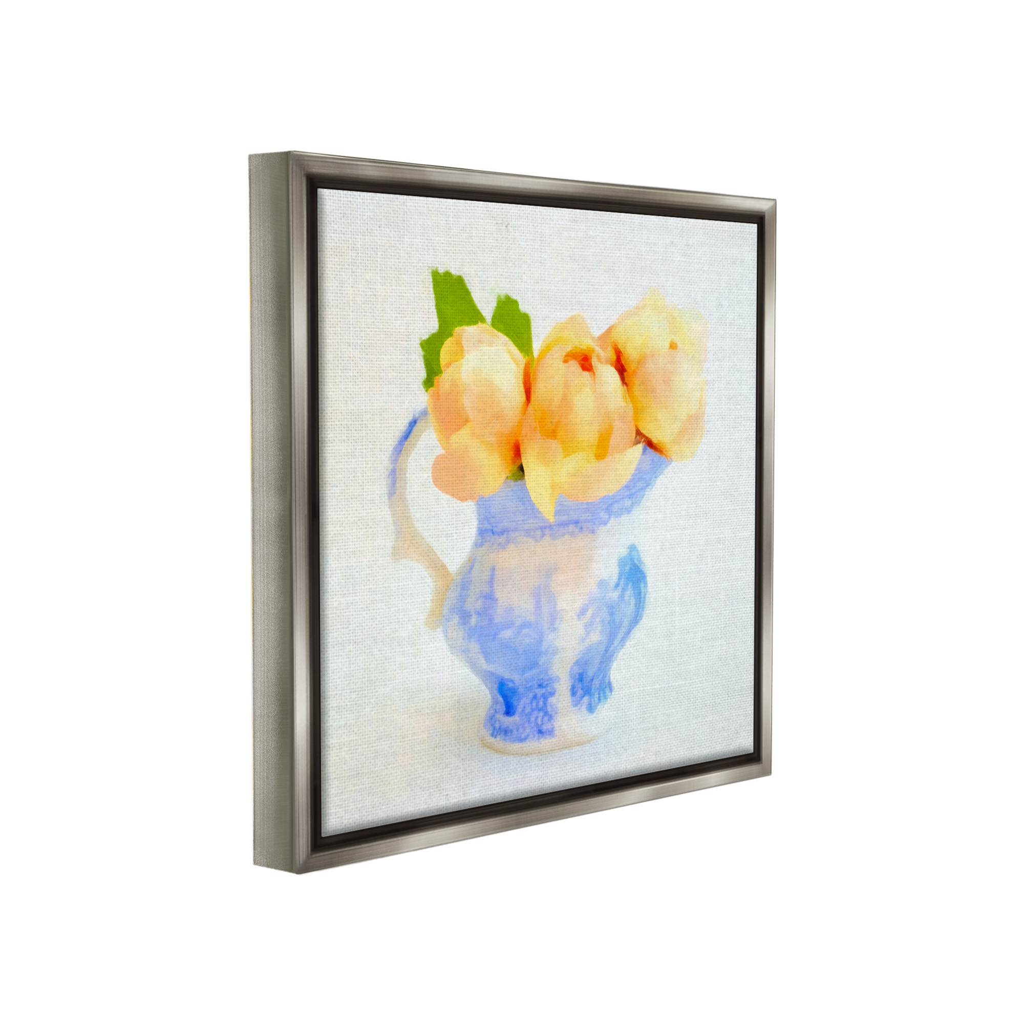 Stupell Industries Yellow Blooms in Pitcher Botanical & Floral Painting Gray Floater Framed Canvas Art Print Wall Art, 18 x 18