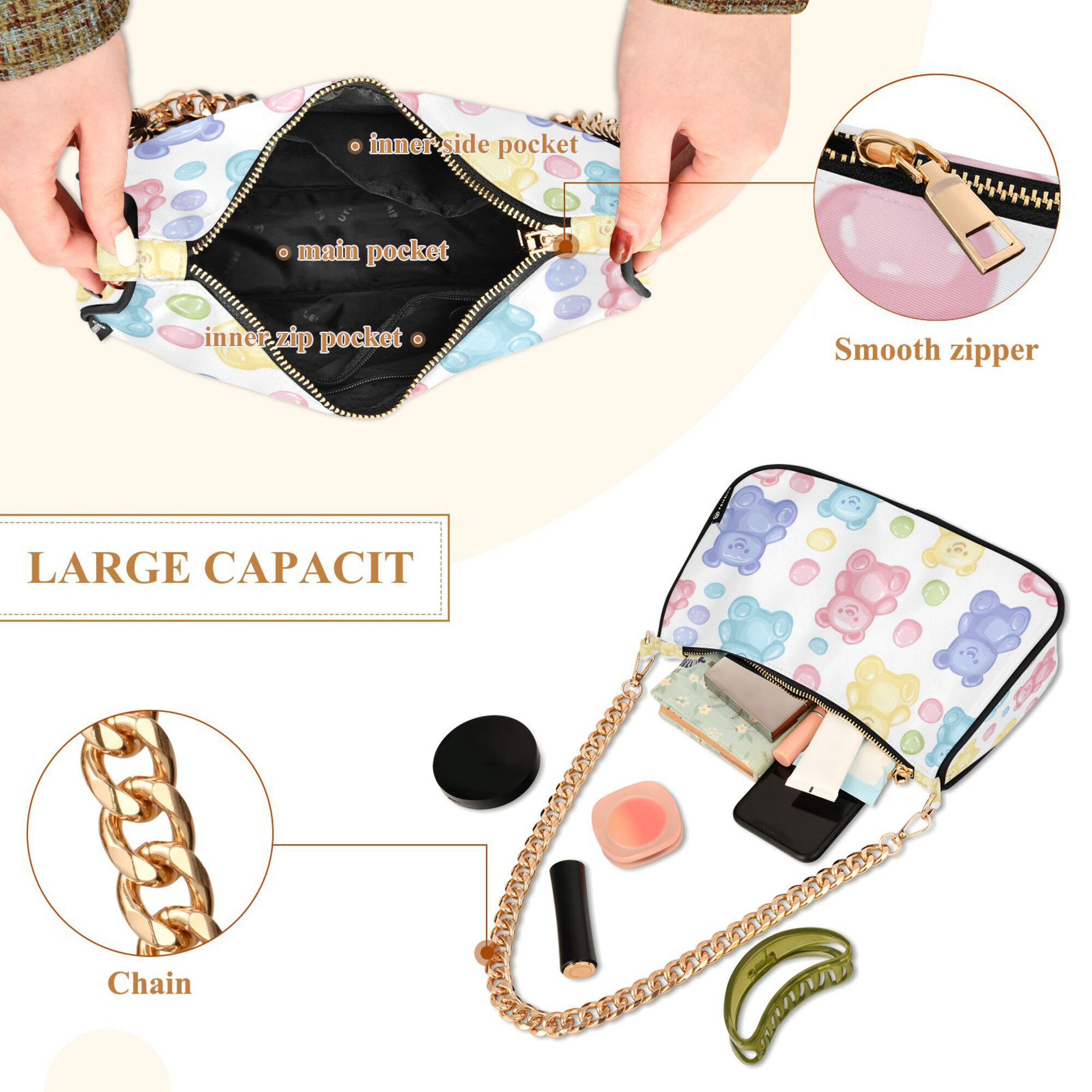 FORMRS Womens Shoulder Bag with Chain Strap Clutch Purse Cute Tote Handbag, Colorful Gummy Bears Pattern