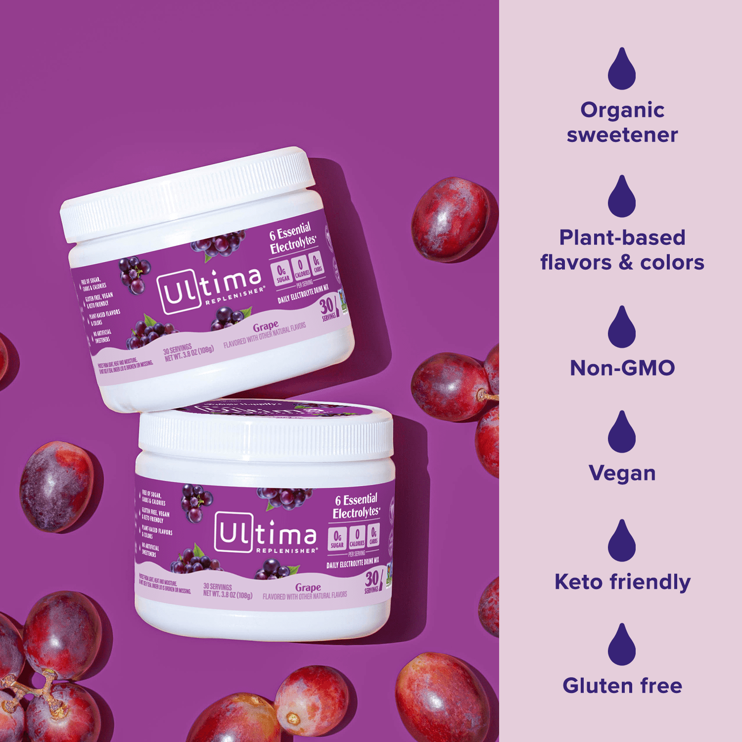 Ultima Replenisher Hydration Electrolyte Powder Drink Mix, Keto, Sugar-Free Grape, 30 Servings