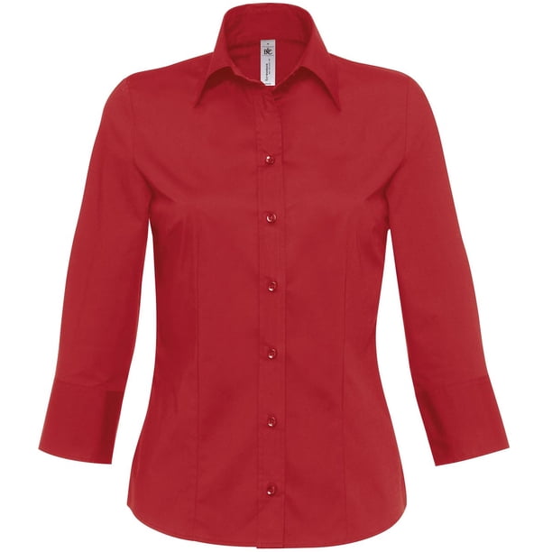 B&C- Camisa de empresa de manga tres cuartos con popelín para mujer (Burdeos)