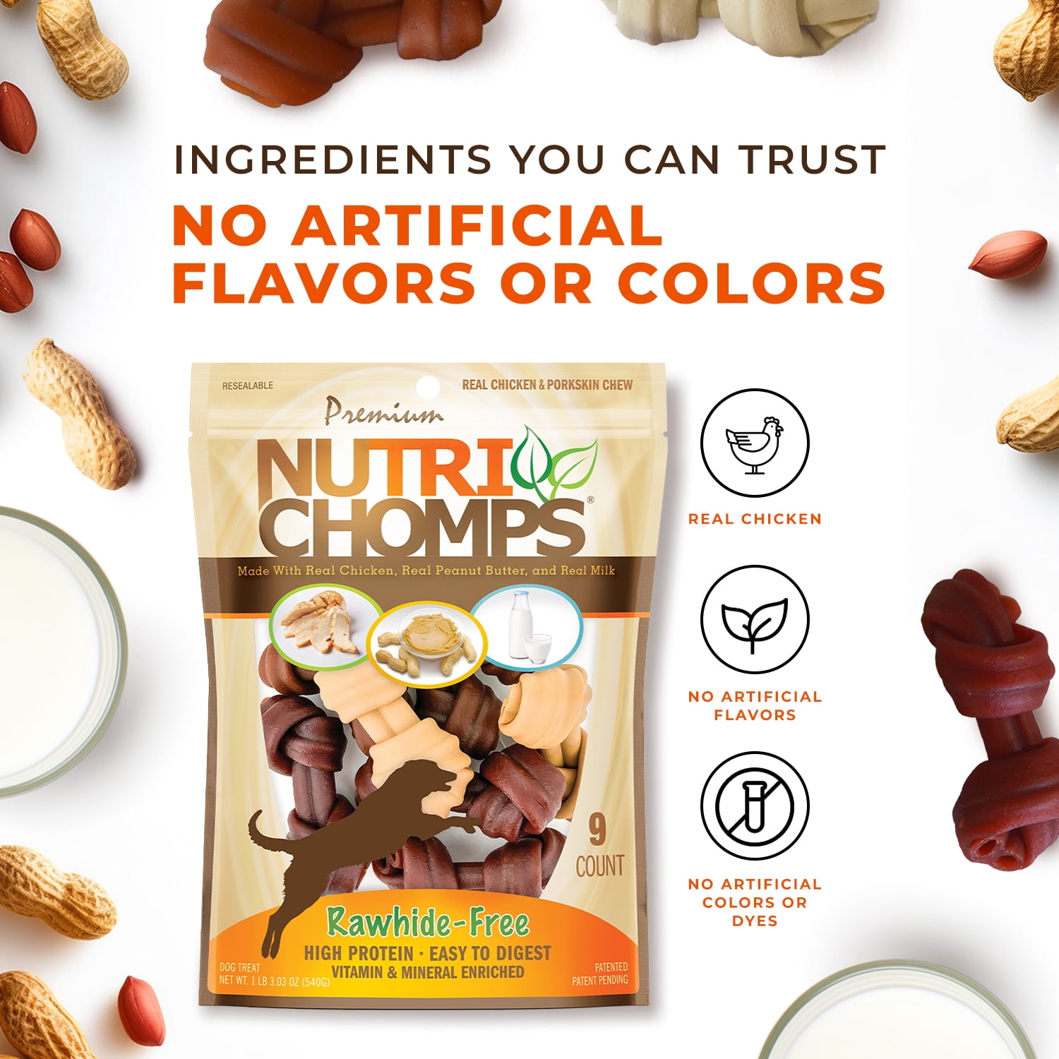 Nutri Chomps Rawhide-Free Knotted Dog Chews, 4-Inch, Chicken, Peanut Butter & Milk Flavor, 9 Count