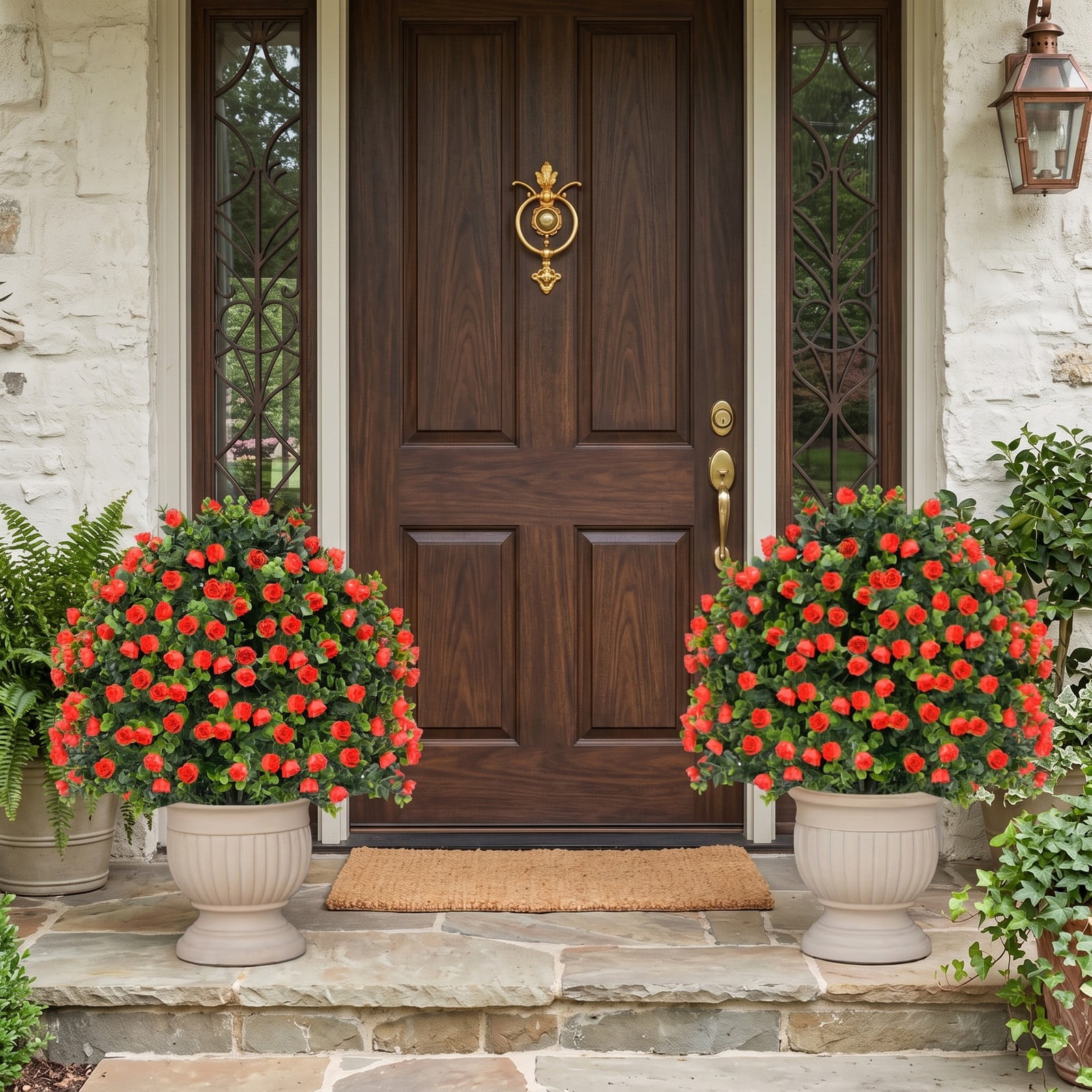 ALPULON 2 Pack Artificial Rose Topiary Ball Tree 21.5 Inch Faux Shrub Bushes with Red Flowers and Cement Base for Front Porch Home Office Decor, Red