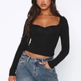 thumbnail image 3 of Gibobby Camisa&nbsp;Vaquera Camiseta de punto corta de manga larga de color sólido con cuello cuadrado sexy para mujer（Negro， L), 3 of 5