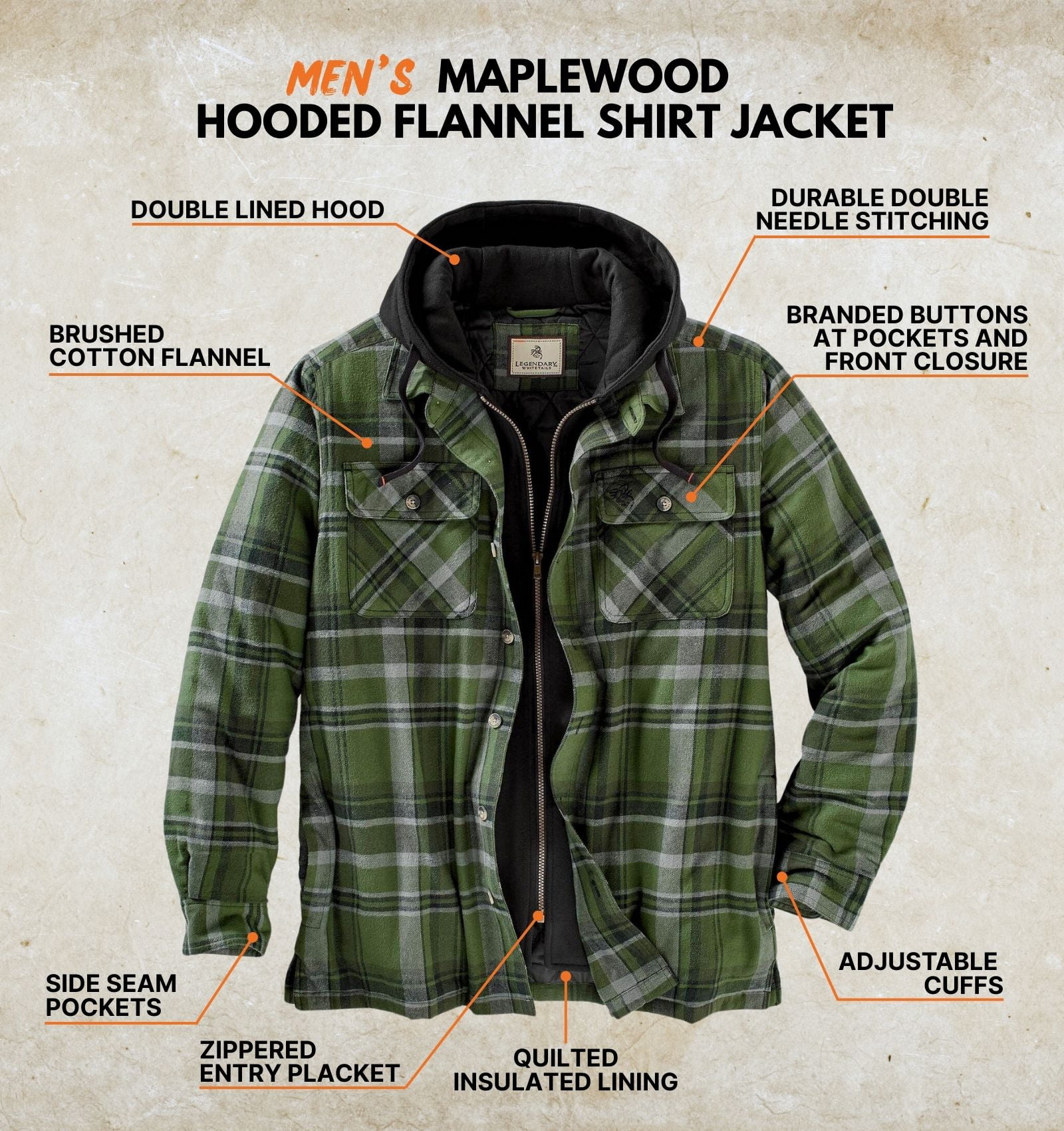 Legendary Whitetails Men's Maplewood Hooded Flannel Shirt Jacket