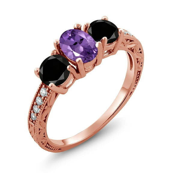 Gem Stone King 1.97 Ct Oval Purple Amethyst Black Diamond 18K Rose Gold Plated Silver Moissanite Ring (Size 9)