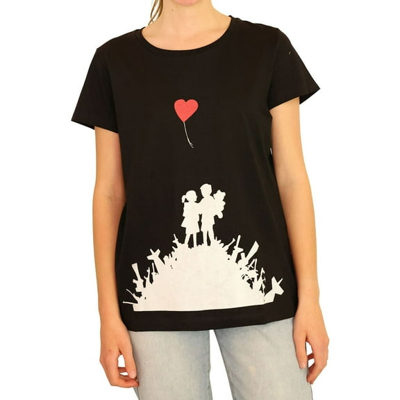Elevenparis Womens Red Heart Balloon Graphic T-Shirt, Black, Medium