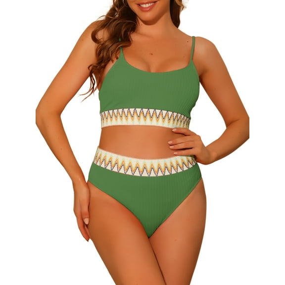 DARING DIVA 2 Pieces High Waisted Ribbed Swimsuit Swimwear S Army Green