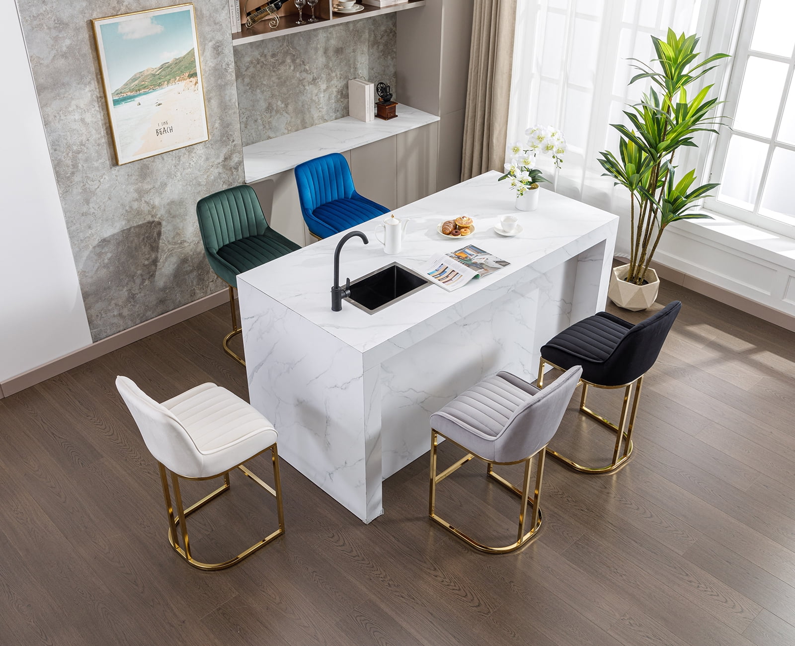 Dayalane Counter Height Bar Stools Set of 2, Velvet Upholstered Kitchen Barstools with Back and Gold Base, 26 " Modern Elegant Island Chairs for Restaurant Bar Dining Room, Beige