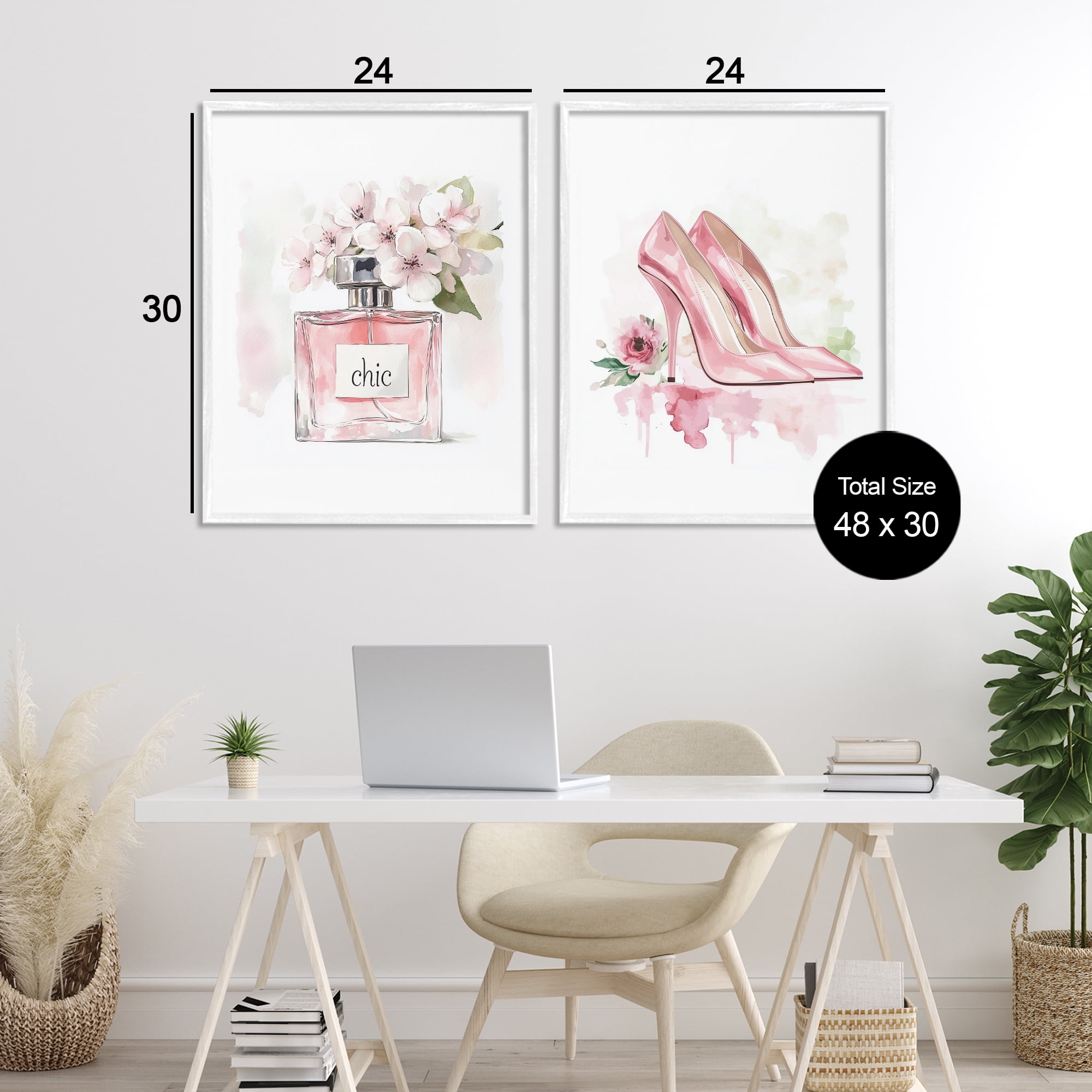 Rosy Pastel Perfume & Heels 2 Piece White Framed Giclee Art Set, design by Christine Simpson Art