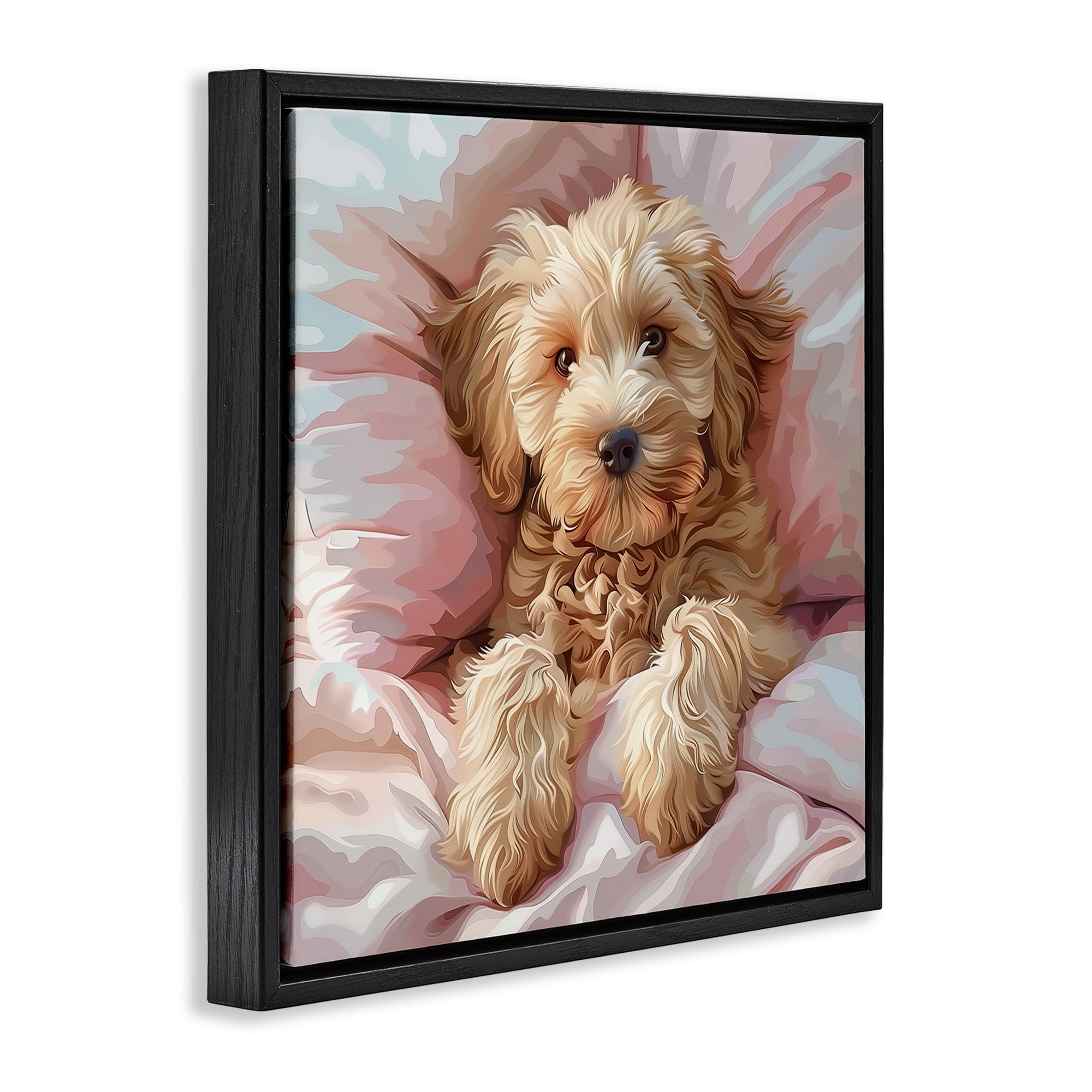 Stupell Industries Cuddling Labradoodle Bed Animals Painting Black Floater Framed Canvas Art Print Wall Art, 25 x 25