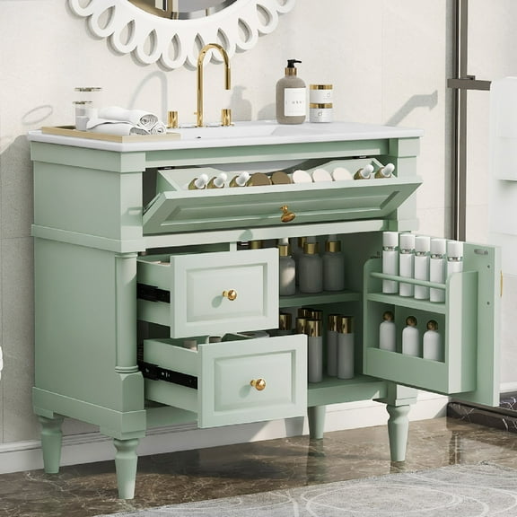 36-Inch Bathroom Vanity with Sink and Ceramic Basin, Freestanding Bathroom Cabinet with Flip Drawer and Adjustable Shelf, Rubberwood & MDF with Metal Handles for Bathroom, Faucet Not Include, Green
