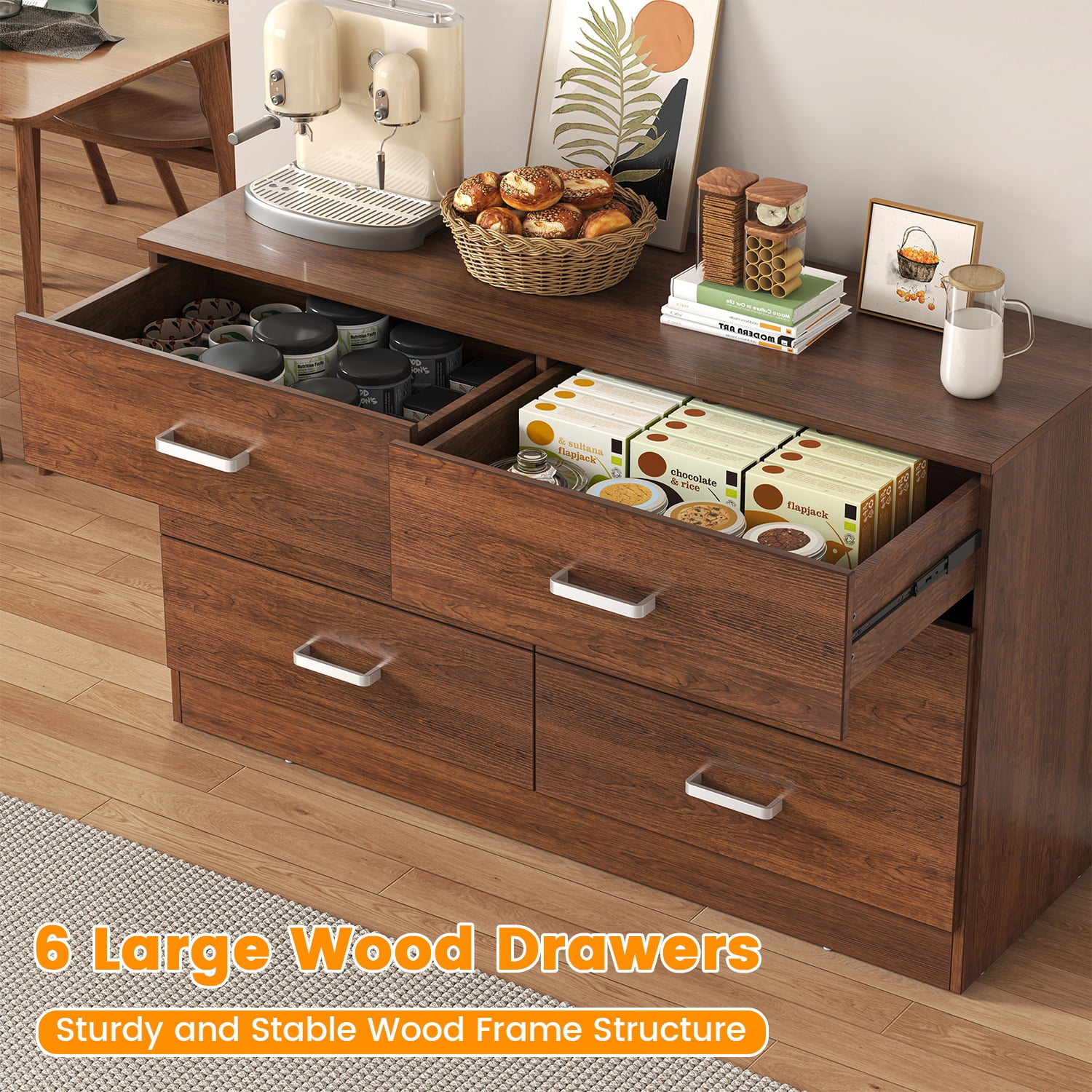 Winkalon Brown Dresser for Bedroom, 6 Drawer Dresser Chest of Drawers, Wood Dressers for Closet, Wide Modern Dressers for Living Room, Hallway, Entryway, TV Stand, Brown