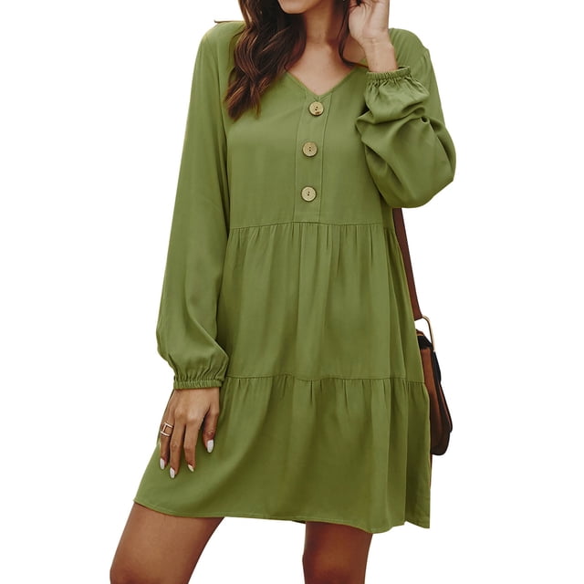 Vestido de mujer con cuello en V, manga larga, suelto, ropa de otoño, color sólido, con botones de cintura alta, verde militar, S Monstrate AP003891-05