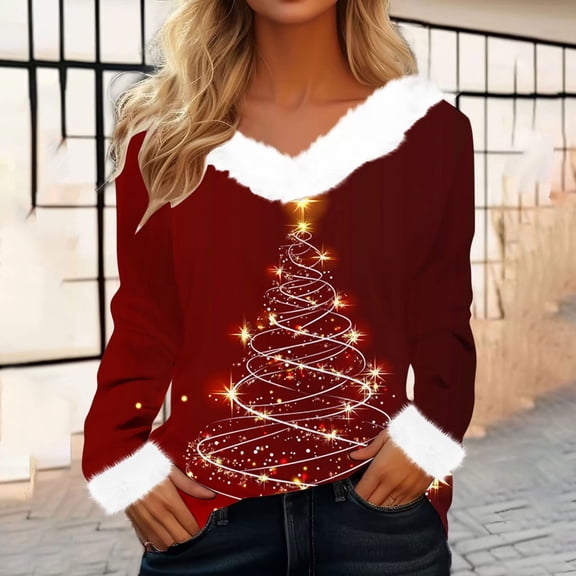 Aboser Christmas Gift Furry Shirts for Women Fashion Xmas Tree Printed Tops Faux Fur Trim Holiday Tops Casual Long Sleeve Sweaters Loose V Neck Blouses