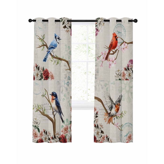Vintage Birds Blackout Curtains for Bedroom Living Room, Retro Floral Flower Branch Rustic Farmhouse 63 In Long Thermal Insulated Room Darkening Drapes Grommet Window Treatments, 42 x 63 In