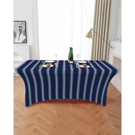 

Striped Navy Blue Background Elastic Table Skirt Wedding Birthday Table ration Table Skirt Tablecloth for Party