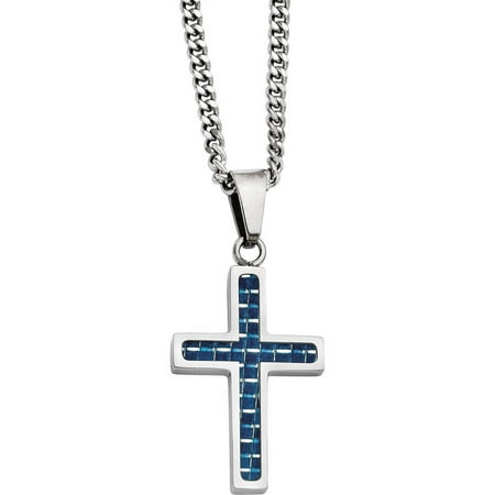 Primal Steel Stainless Steel Blue Carbon Fiber Inlay Polished Small Cross Necklace, 20