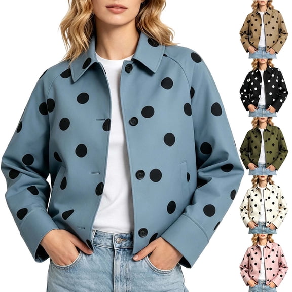 Lutiedan Women's Polka Dot Cropped Jacket Waterproof Button Front Collared Outerwear Casual Baggy Streetwear Jacket S-3XL