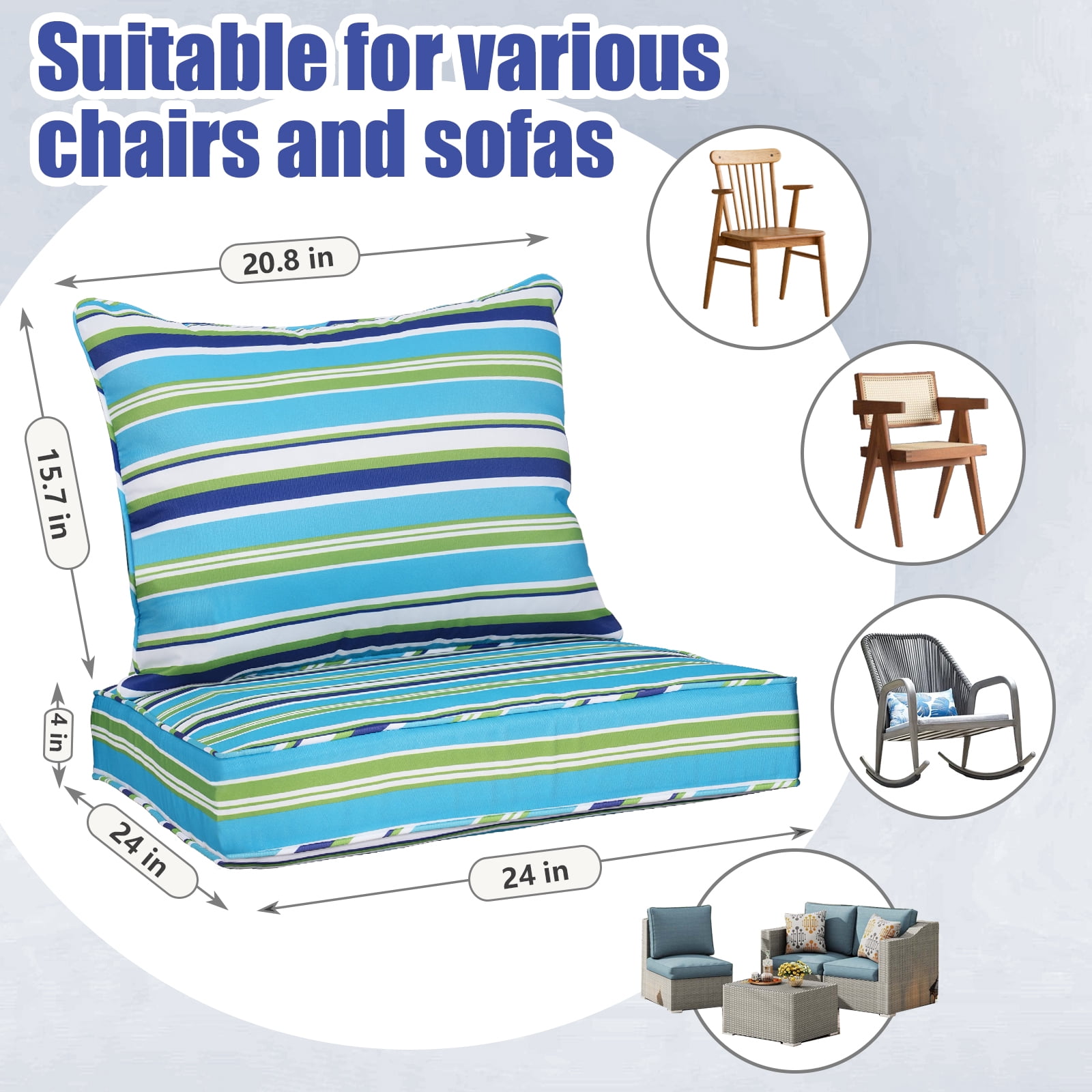 FKS LIFE Outdoor Deep Seat Cushion Set 24 x 24 x 4 Waterproof Fade Resistant with Back Patio Cushion for Chairs and Sofas(1 Set)