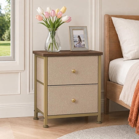 Nextay 2PCS Nightstand 2-Drawer Nightstand with Fabric Bins – 20 Compact Bedside Table Space-Saving End Table for Bedroom Dorm Closet Khaki