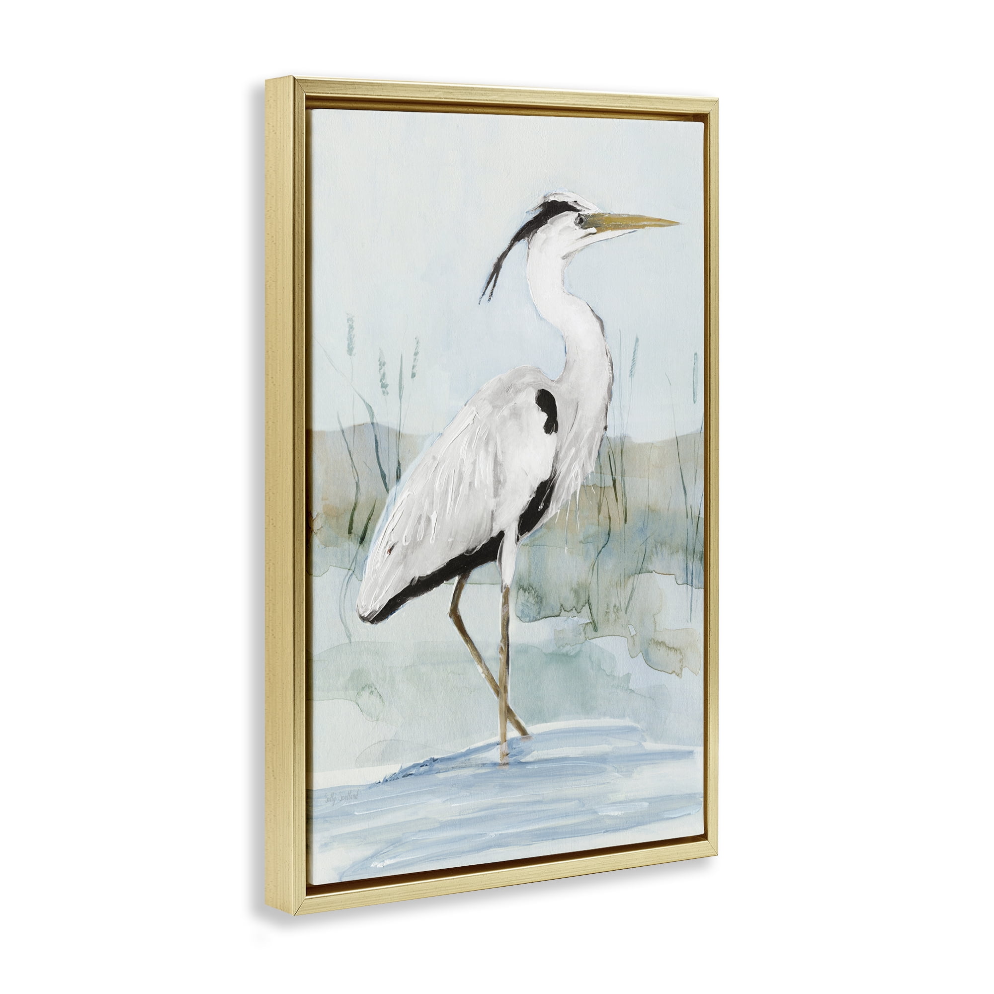 Stupell Industries Stepping White Egret Animals Painting Gold Floater Framed Canvas Art Print Wall Art, 21 x 31