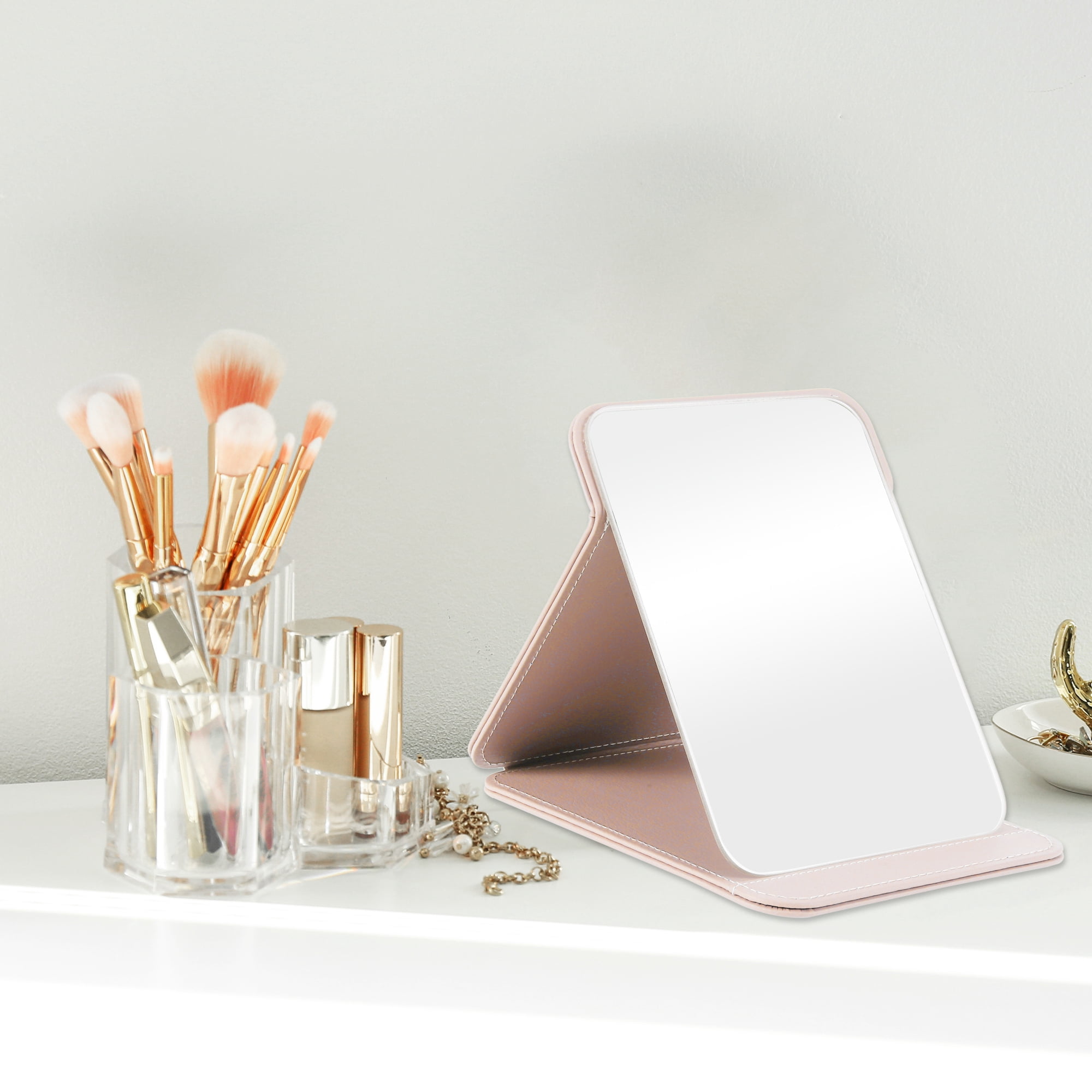 Unique Bargains 1pc Foldable Makeup Mirror for Travel and Vacation Pink Large