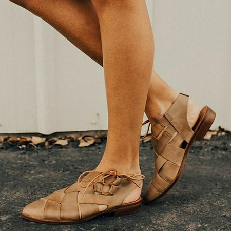 

Honeeladyy Women s Casual Hollow Side Lace Up Leather Woven Back Low Heel Roman Sandals Women sandals Clearance under $15 Women sandals Clearance under $15