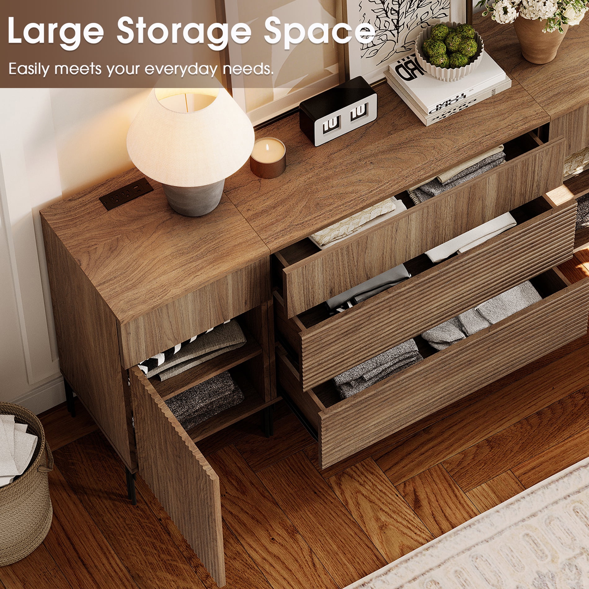 WAMPAT 94.5" 4-in-1 Fluted Dresser for Bedroom with Charging Station, Modern Wooden Chest of Drawers with Hidden Handles & 8 Drawers, Extra Long Dresser TV Stand Closet Storage Organizer, Brown