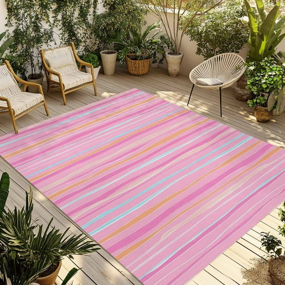 Fsddascl Pink Orange Blue Stripe Outdoor Rug for Patio/Deck/Porch, Non-Slip Large Area Rug 4 x 6 Ft, Modern Abstract Art Striped Farmhouse Indoor Outdoor Rugs Washable Area Rugs, Camping Rug Carpet