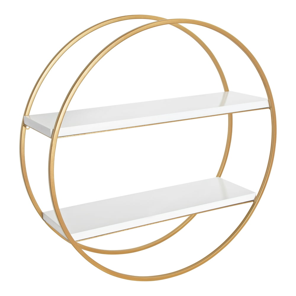 Kate and Laurel Sequoia Modern Round Wall Shelf, 24" Diameter, White and Gold, Contemporary Glam
