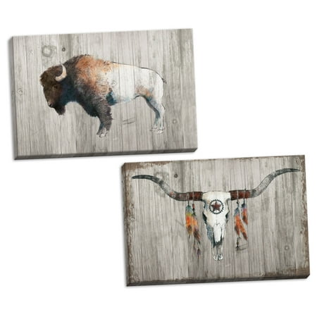 Avery Canvas (Gango Home Decor Southwestern Colorful Bison Dark Brown on Wood & Longhorn on Dark Gray Wood by Avery Tillmon (Ready to Hang); Two 18x12in Hand-Stretched)