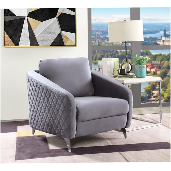Gray Velvet Accent Armchair with Chrome Legs and Diamond Stitching for Modern Living Room