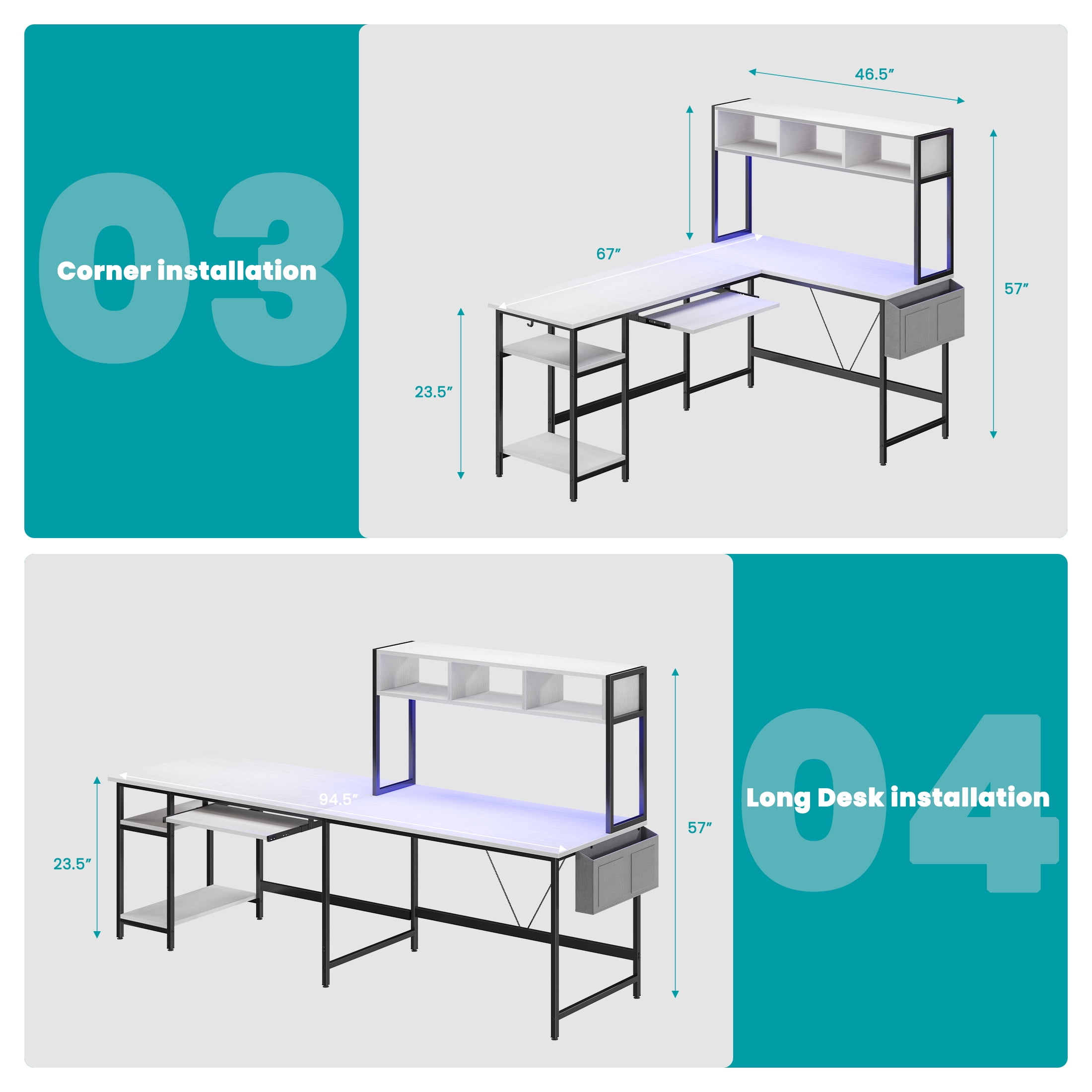 EDX 67'' L Shaped Computer Desk with LED Light, Shelf & Storage Bag & Keyboard Tray Corner Desk, White