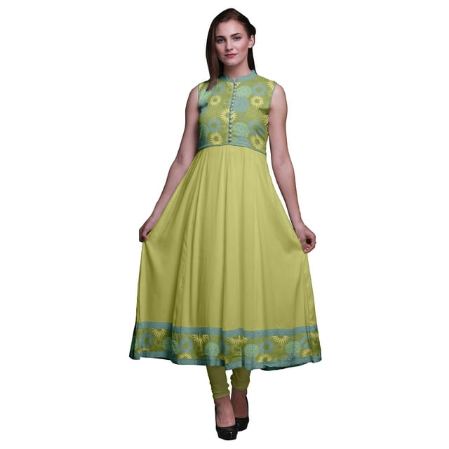 Bimba Robe Anarkali Mandala Vert Olive pour Femmes, Kurti Imprimée Ethnique Indienne, Longue Kurta, Robe de Soirée, Très Grand