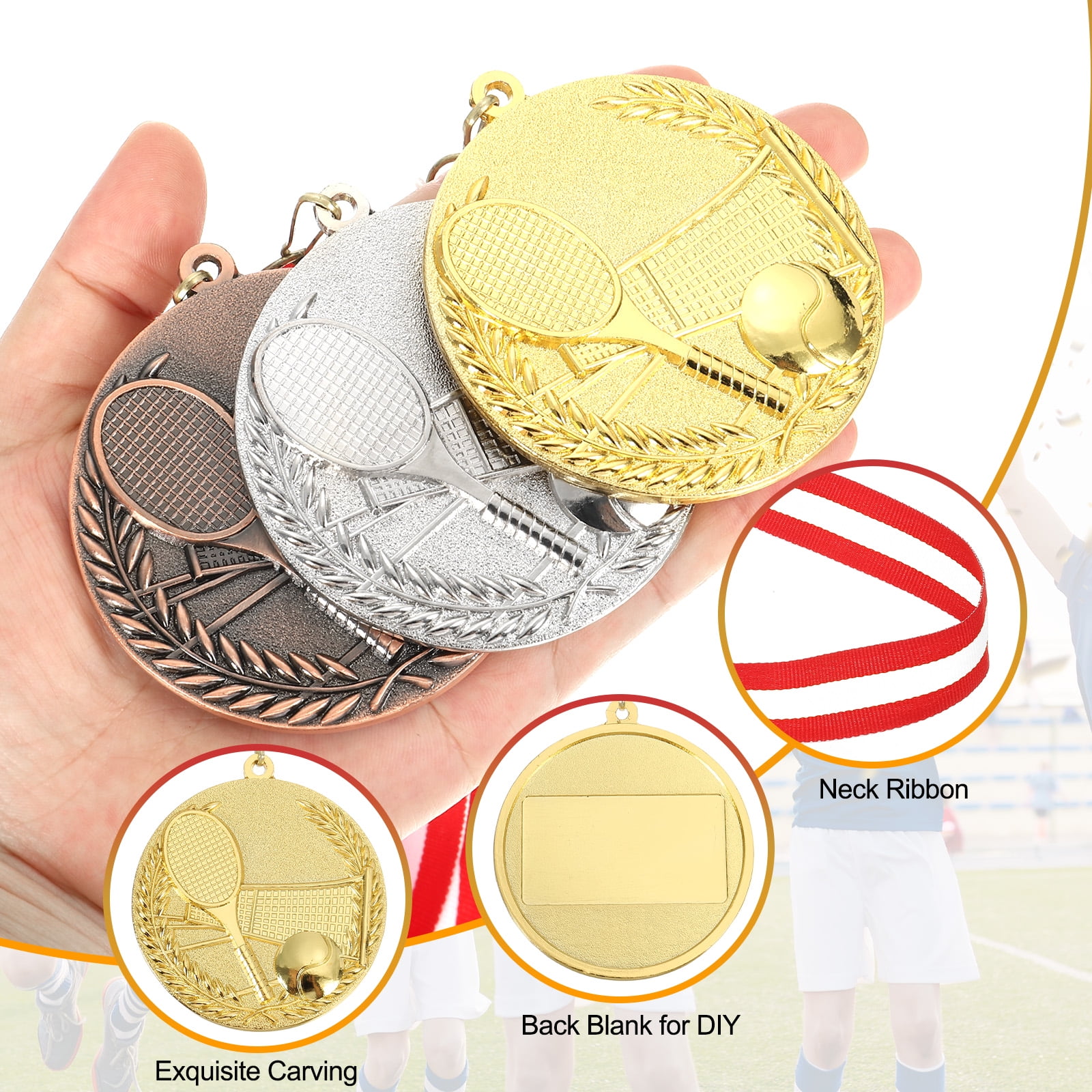 Uxcell 2.7 Inch Tennis Medals Gold Award Medals with Neck Ribbon for Team Sports Games Party Favors 10 Pieces