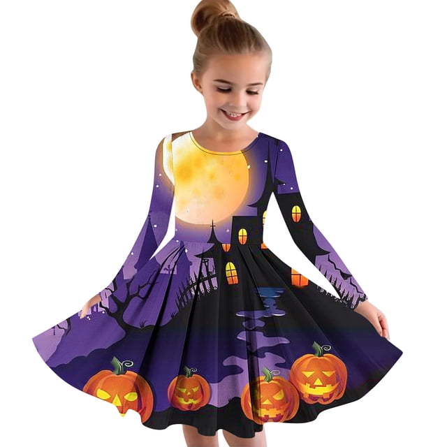 Robes Décontractées pour Filles Manches Longues Col Rond 4-14 Ans Robe Princesse Imprimée Halloween Manches Longues Col Rond Multicolore 170