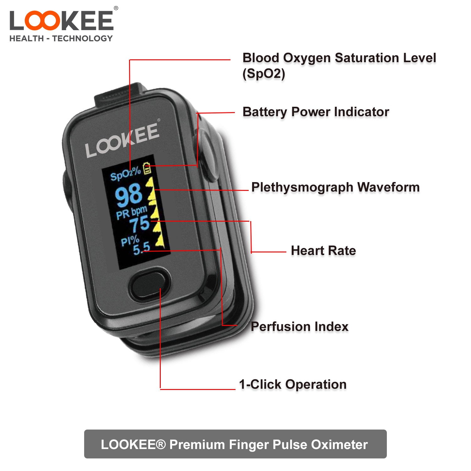 Buy LOOKEE Premium Black Fingertip Pulse Oximeter Blood Oxygen