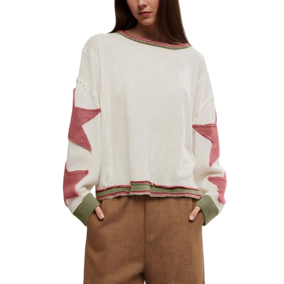 HCYSFG Women Star Patchwork Sweatshirt Crewneck Long Sleeve Pullover Raw Hem Color Block Casual Loose Fall Winter Daily Top