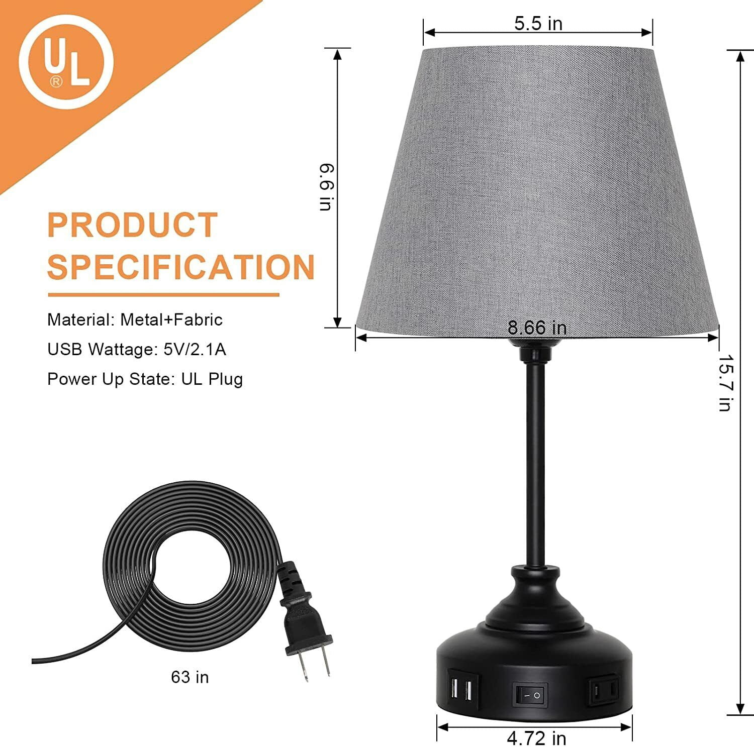 Set of 2 USB Table Lamps for Nightstand with Grey Lamp Shade Bedroom Nightstand