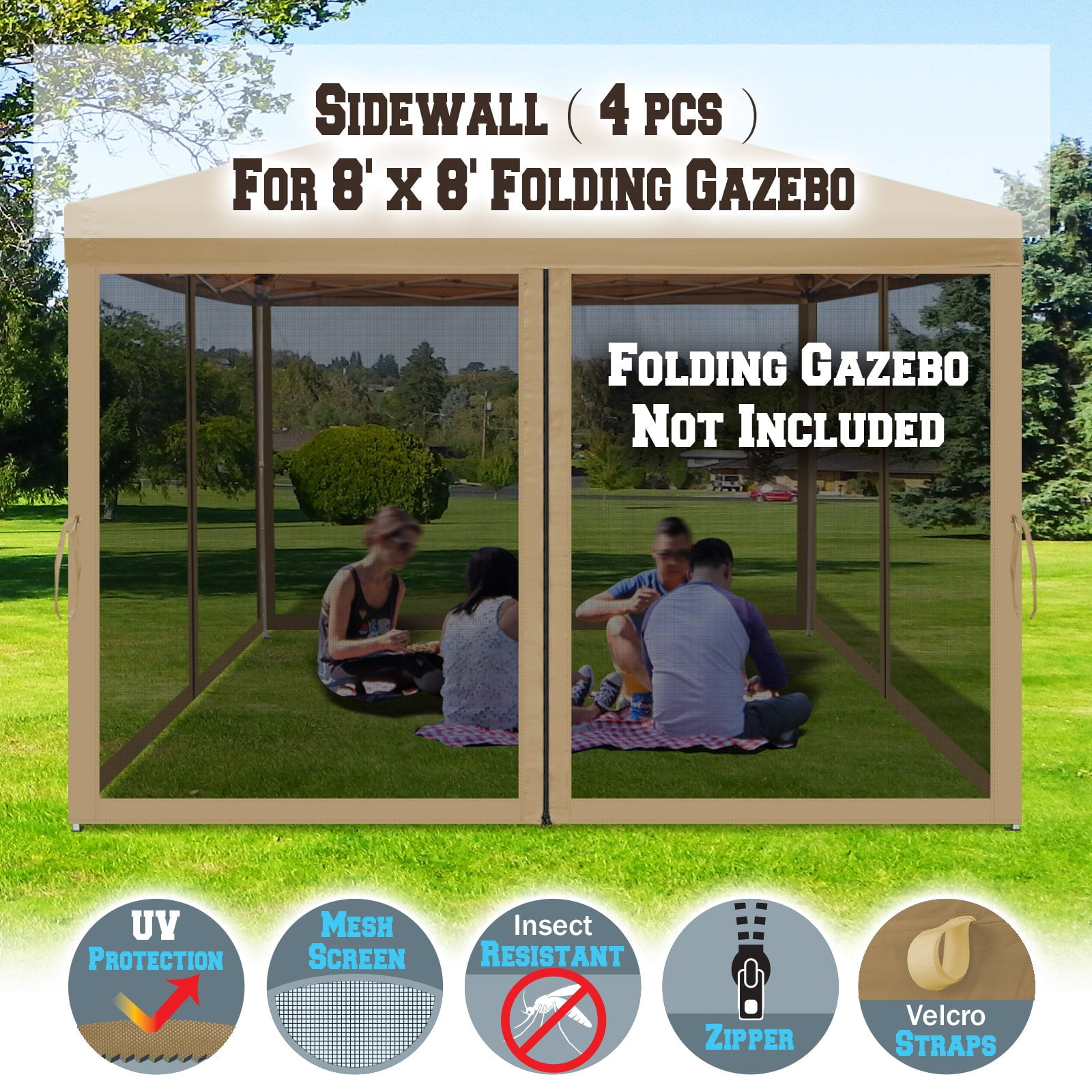ALUVIERA Canopy Replacement Sidewalls Mosquito Netting Screen Walls for Gazebo Size 8x8 FT, 4 Pack,(8'Wx6'H,Tan)