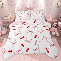 Feelyou Fashion Princess Bow Full Size Comforter Sets, Kawaii Bowknot Cherry Bedding Comforter Set, Teens Kids Girls Women Reversible Bedding Sets, Luxury Bedroom Decor, 3 Pieces